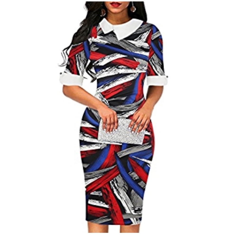 Vintage Printed White Collar Neck Work Business Stretchy Body Con Pencil Dress